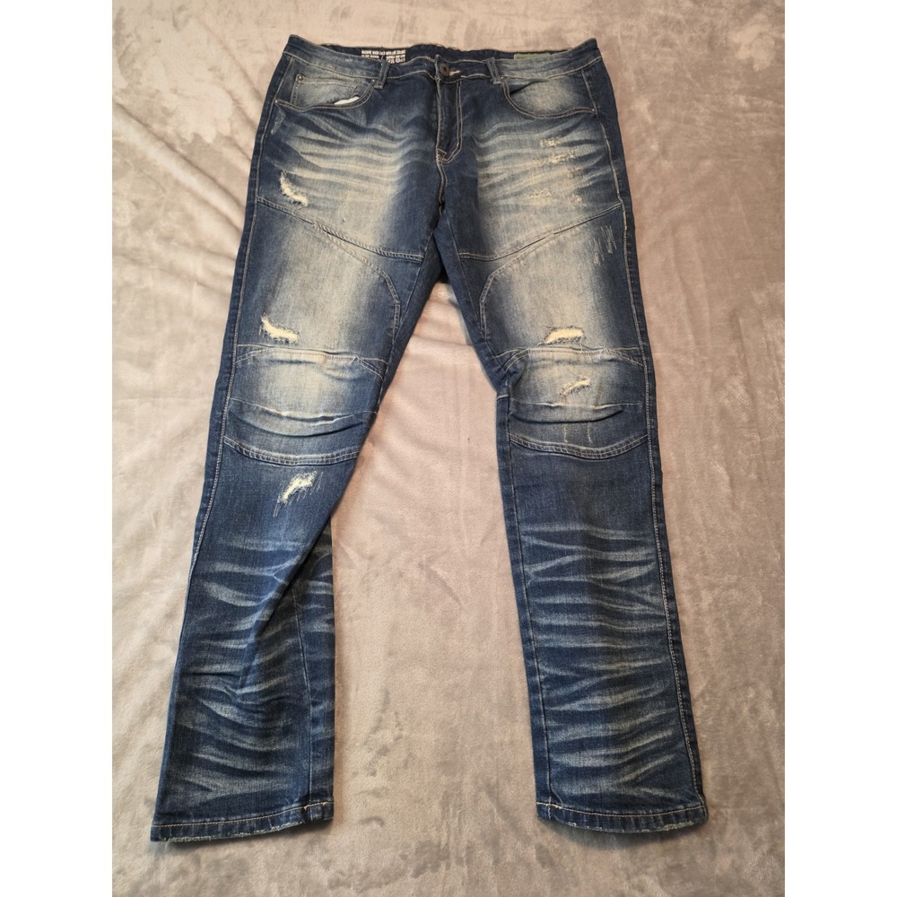 Smoke Rise SR91 Men's Jeans 40x32 Blue Slim Tapered Distressed Moto Denim
